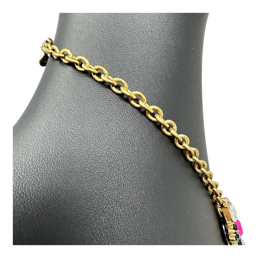 J.Crew Floral Flower Cluster Statement Necklace Pink Black Adjustable Gold Tone - Picture 8 of 11